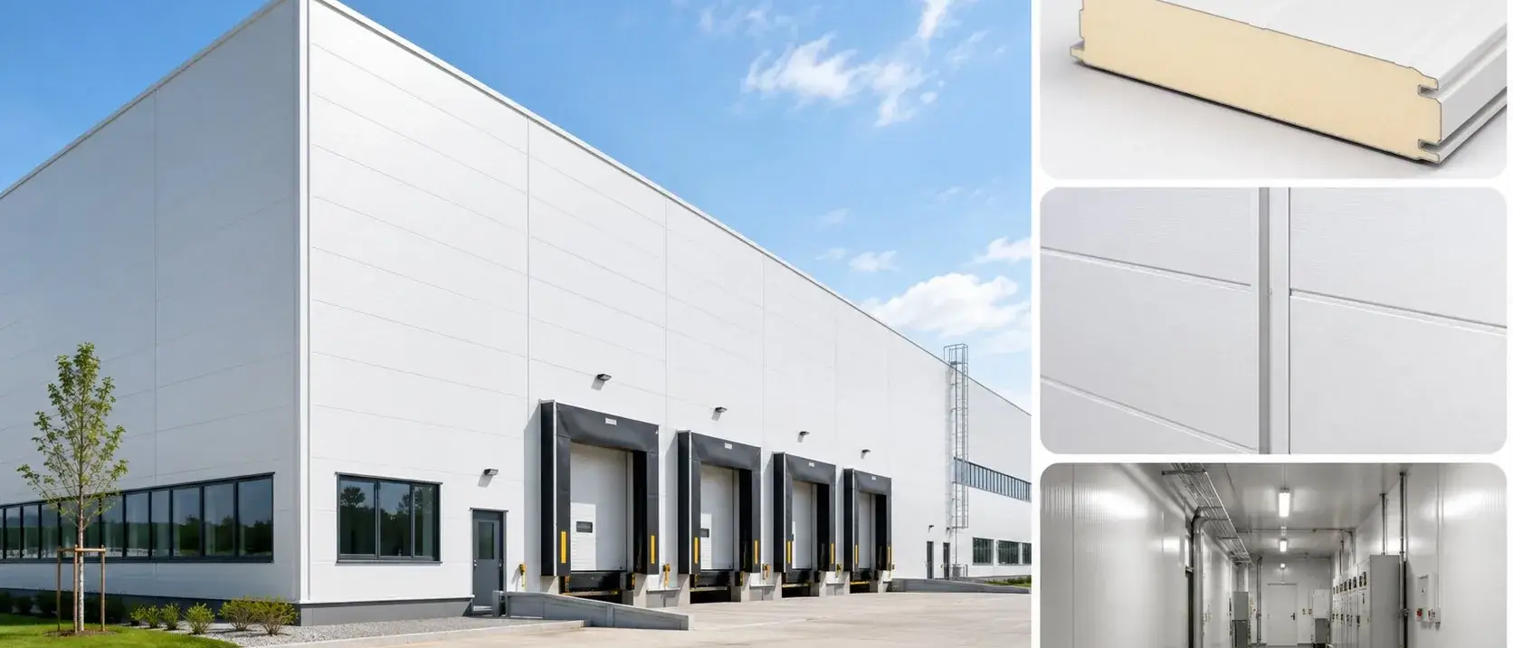 Energy efficient sandwich panel warehouse facade