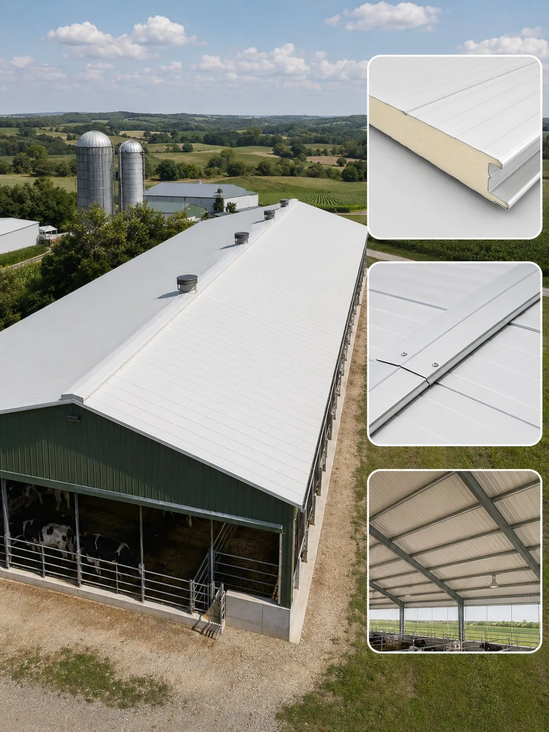 Insulated roof panel dairy cattle barn