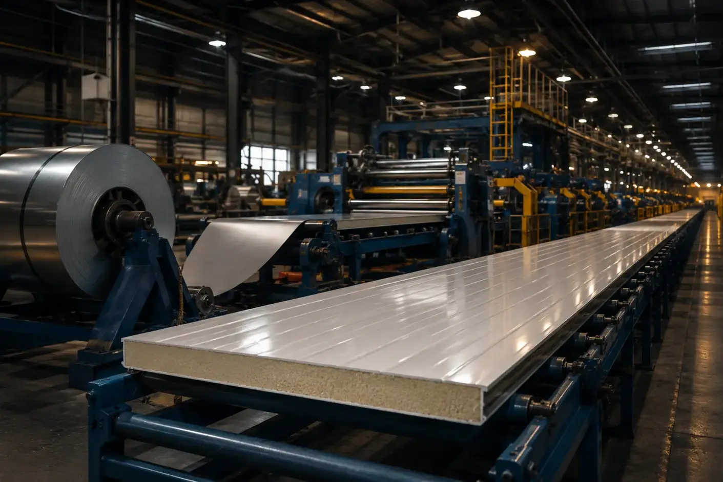 Sandwich panel production line with a continuous double-belt press and steel coils
