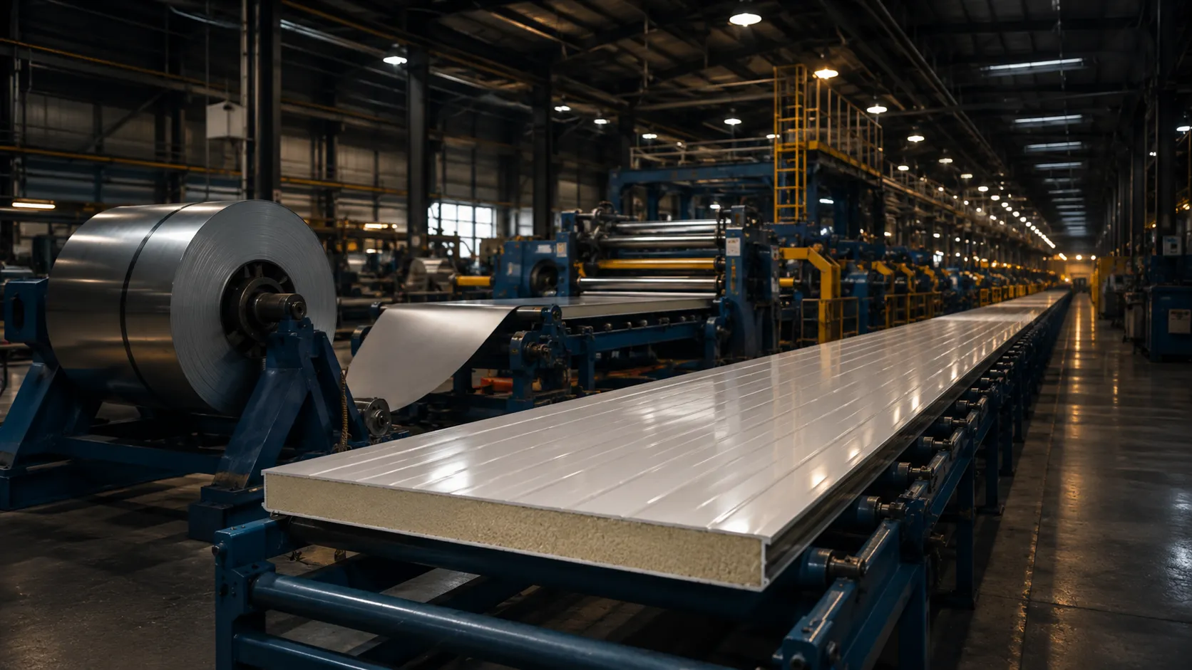 Sandwich panel production line with a continuous double-belt press and steel coils