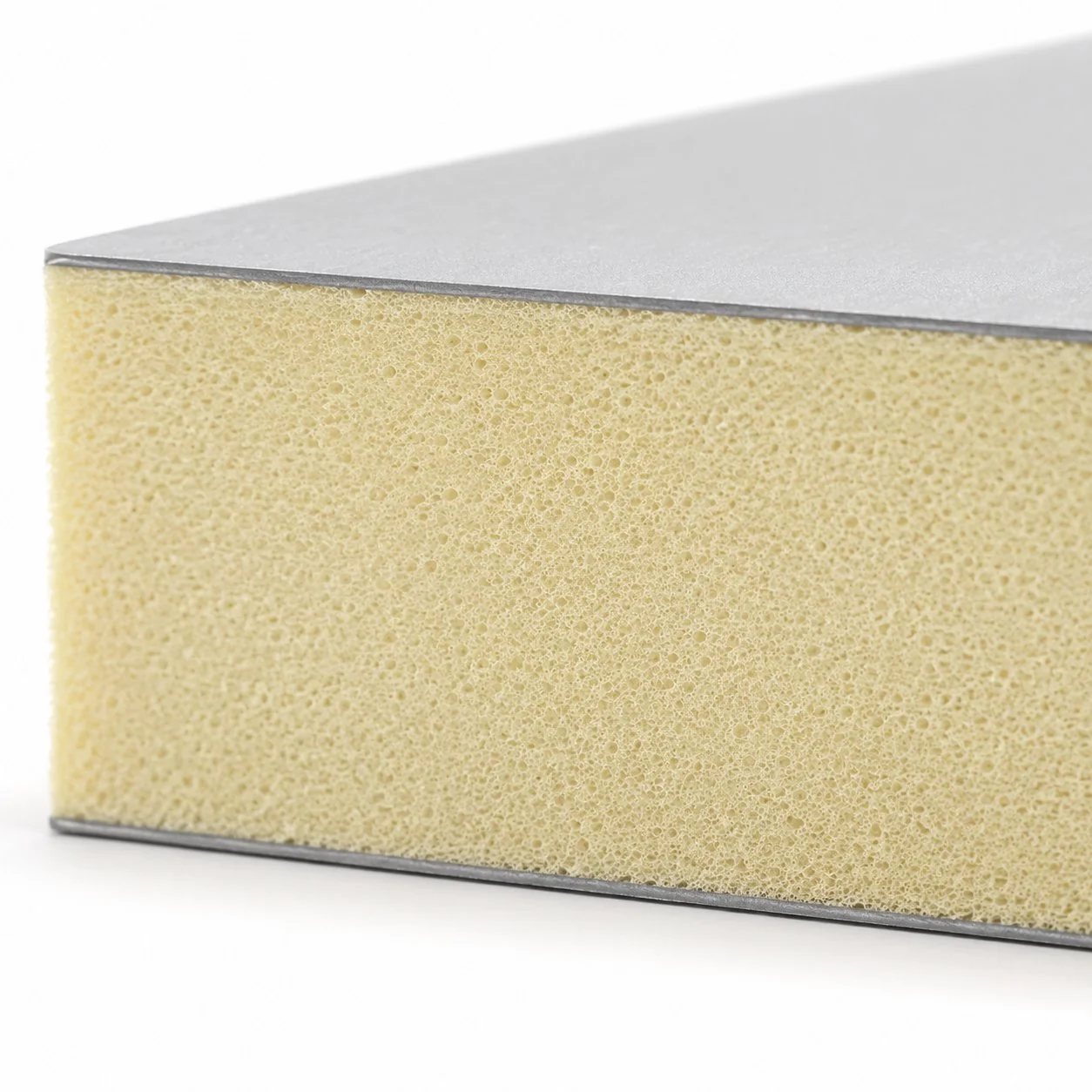 Cross-section detail of polyurethane facade panel showing PUR foam core structure