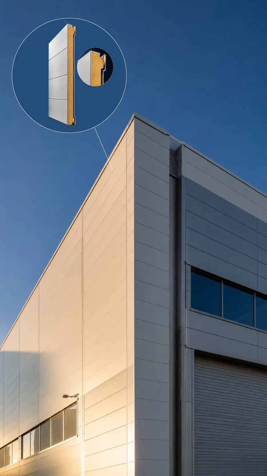 Modern industrial building clad in light-gray insulated metal sandwich panels against a blue sky — Real Panel, Türkiye