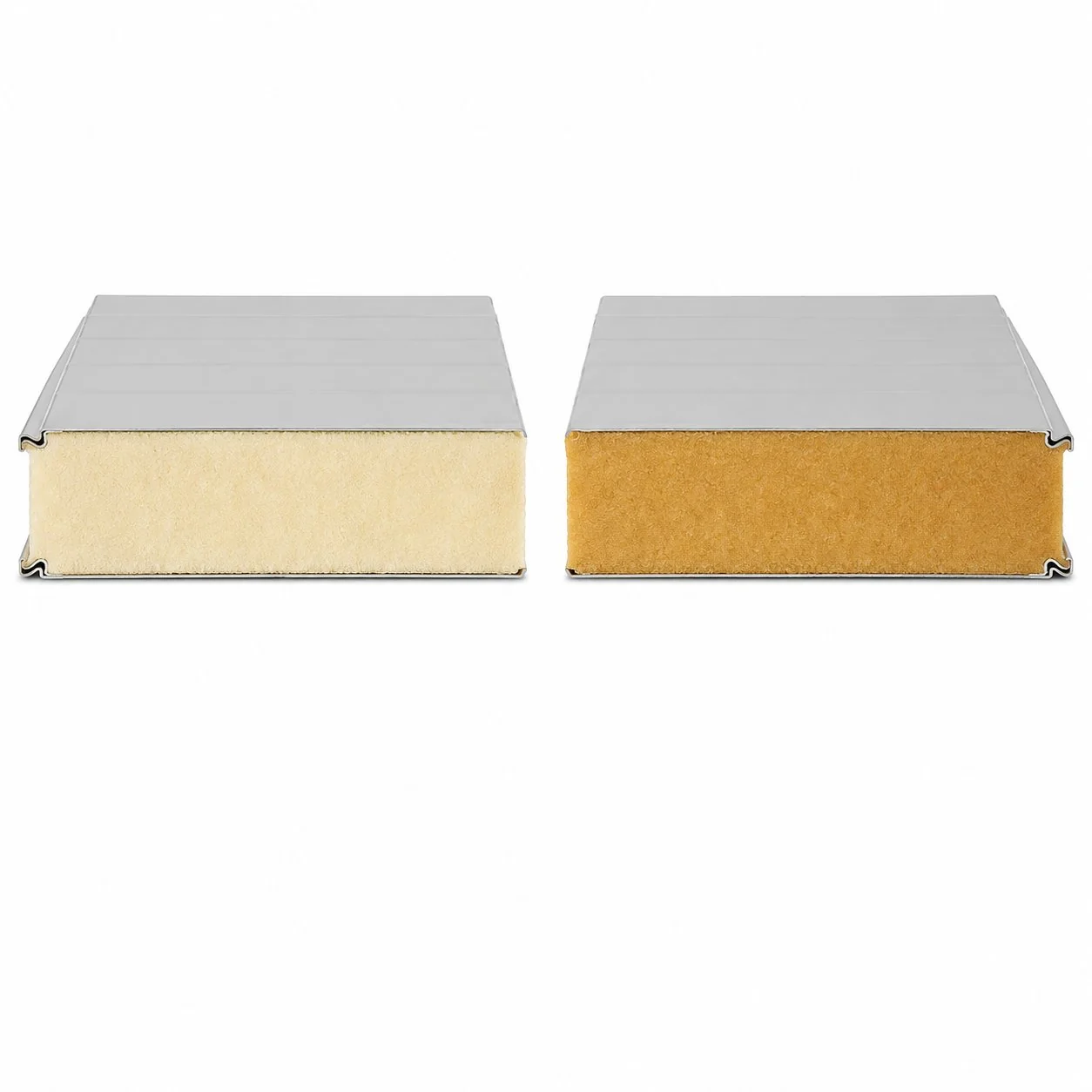 PIR vs PUR foam core color comparison - amber PIR and cream PUR side by side