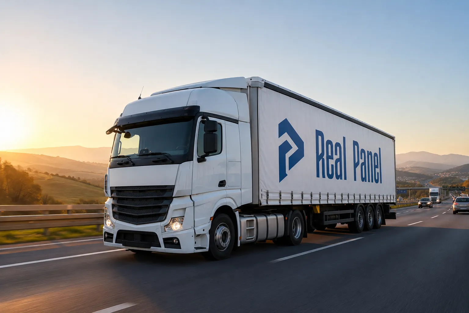White curtain-side semi-trailer carrying a sandwich panel export load on a European motorway at dawn