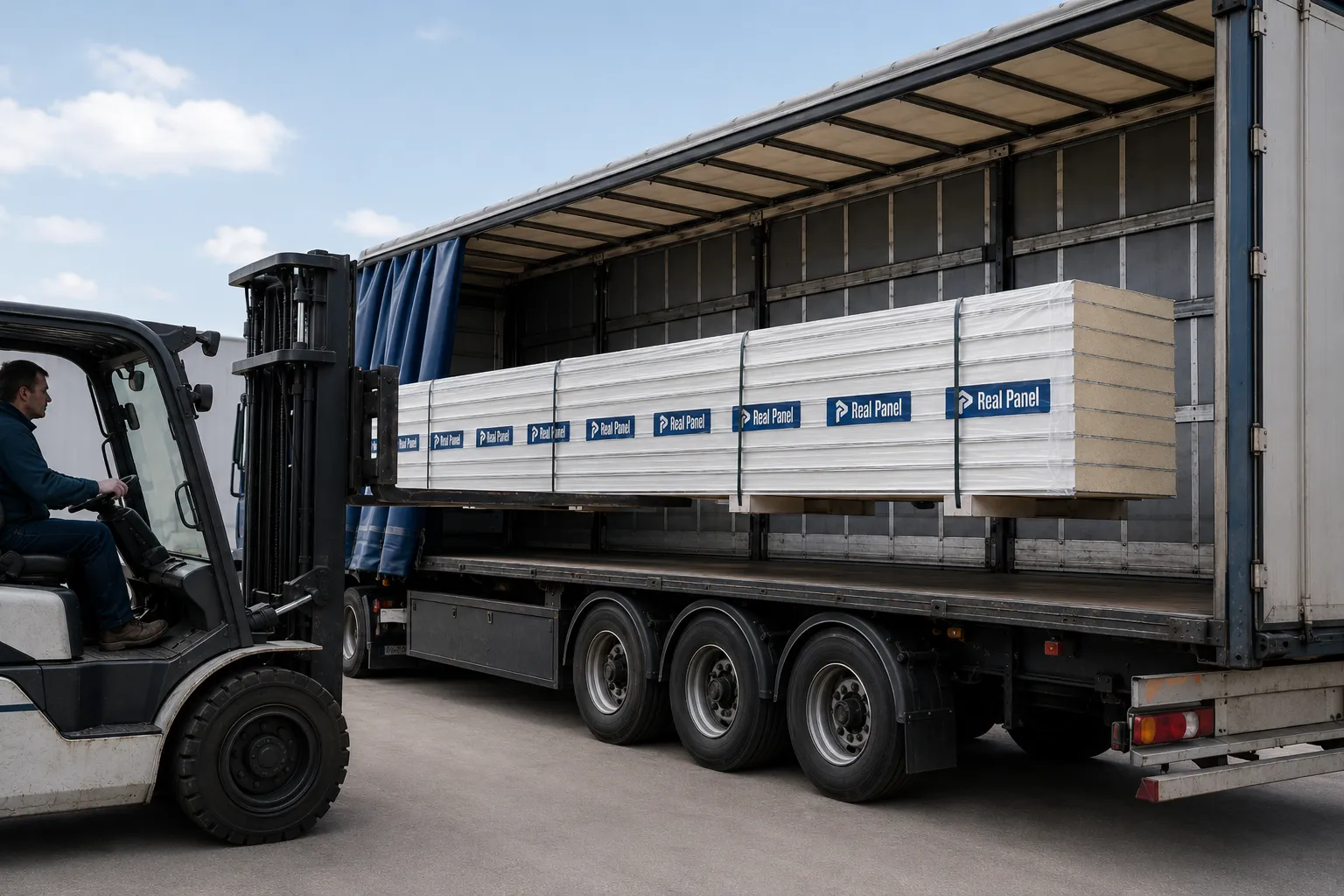 Sandwich panels being loaded onto a curtain-side export truck at Real Panel's Kocaeli facility in Türkiye