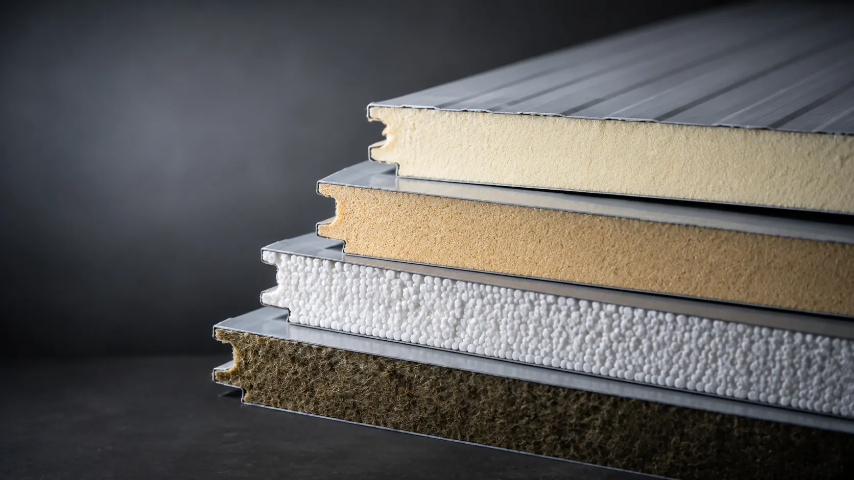 Close-up of sandwich panel edges showing PUR, PIR, EPS and rockwool cores between steel facings
