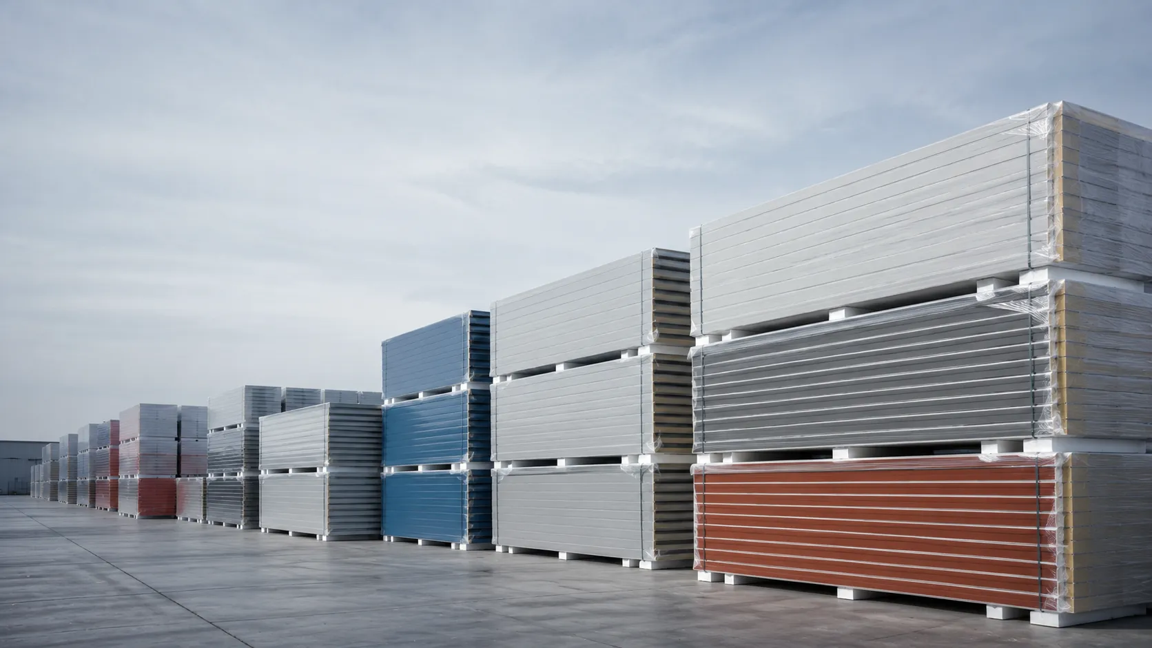 Stacked bundles of finished sandwich panels in a factory yard illustrating sandwich panel cost factors