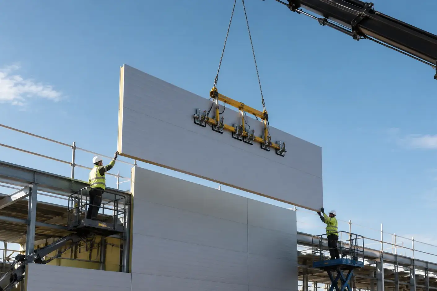 Sandwich panel installation — an insulated wall panel lifted into place on a steel building frame
