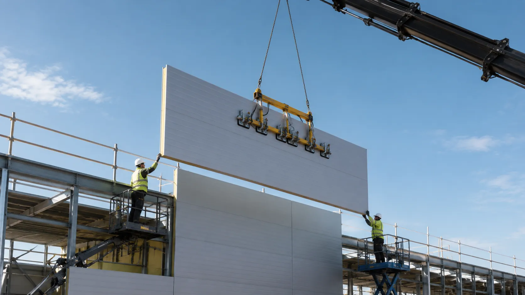 Sandwich panel installation — an insulated wall panel lifted into place on a steel building frame