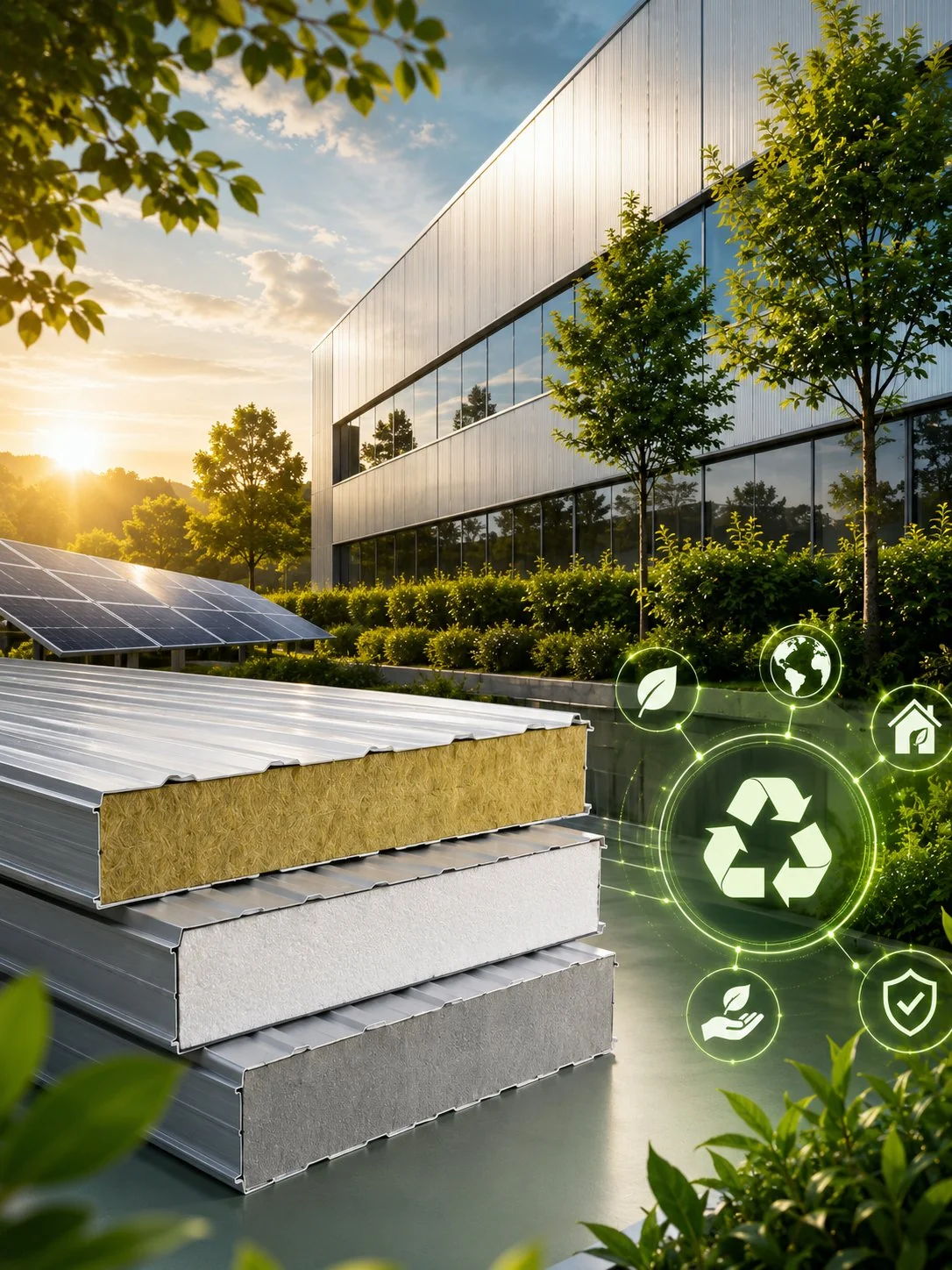 Insulated sandwich panel envelope on a sustainable building